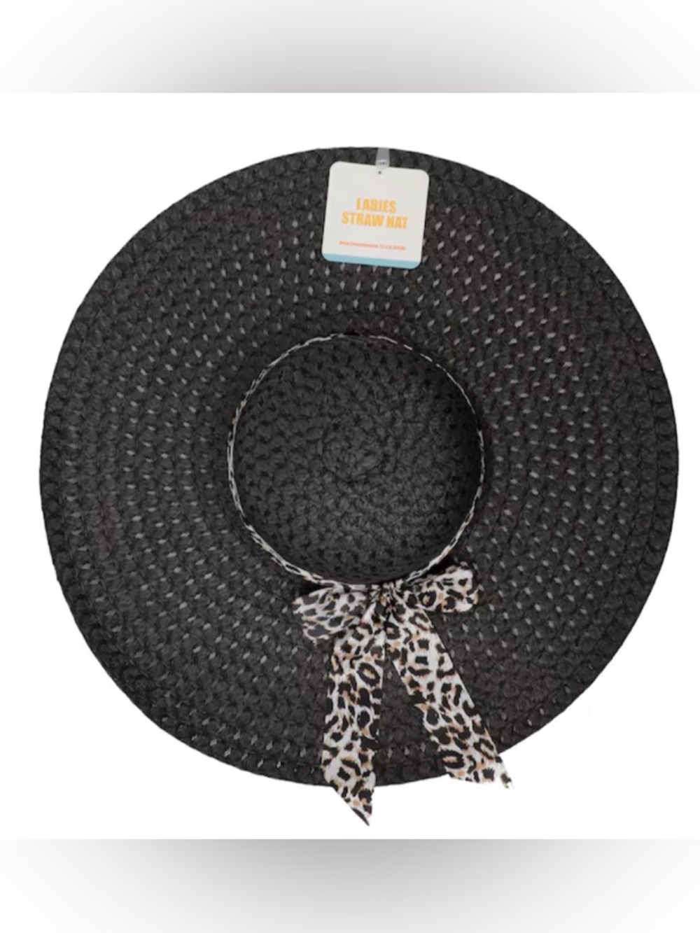 Womens Black Straw Sun Hat with Leopard Bow Accent